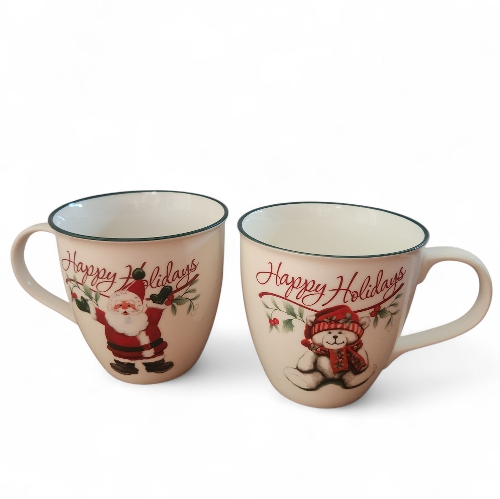 Pair of Pfaltzgraff Winterberry Happy Holidays Jumbo Mugs Polar Bear Santa Claus